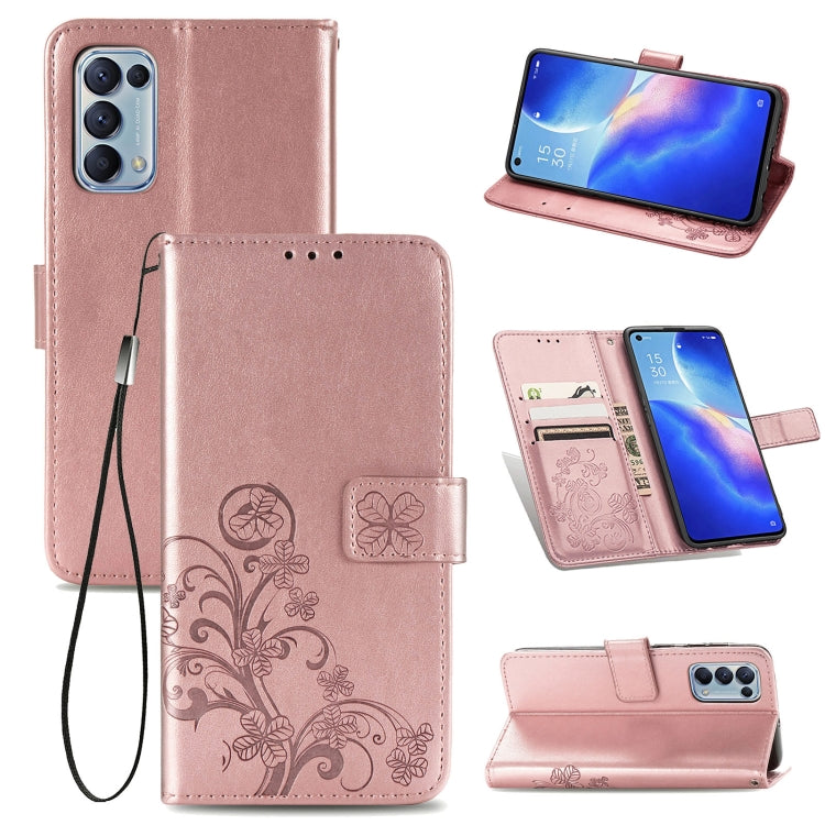 For OPPO Reno5 5G Four-leaf Clasp Embossed Buckle Leather Phone Case with Lanyard & Card Slot & Wallet & Holder