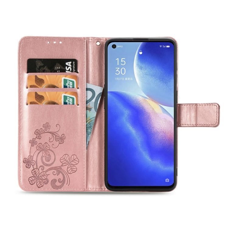 For OPPO Reno5 5G Four-leaf Clasp Embossed Buckle Leather Phone Case with Lanyard & Card Slot & Wallet & Holder