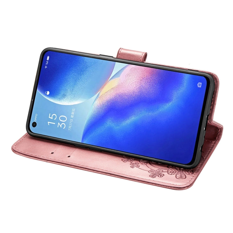 For OPPO Reno5 5G Four-leaf Clasp Embossed Buckle Leather Phone Case with Lanyard & Card Slot & Wallet & Holder
