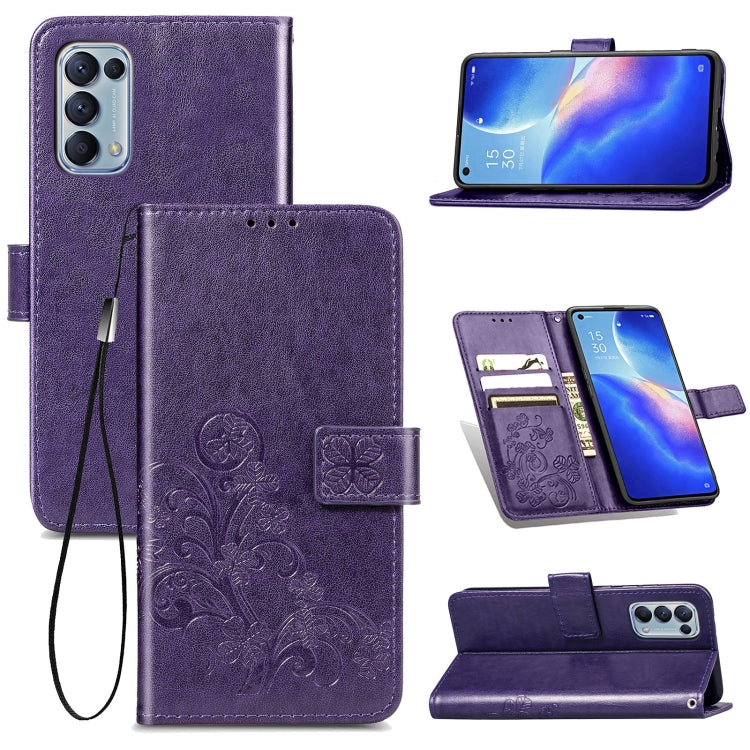 For OPPO Reno5 5G Four-leaf Clasp Embossed Buckle Leather Phone Case with Lanyard & Card Slot & Wallet & Holder