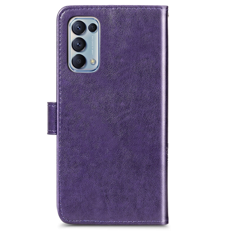 For OPPO Reno5 5G Four-leaf Clasp Embossed Buckle Leather Phone Case with Lanyard & Card Slot & Wallet & Holder