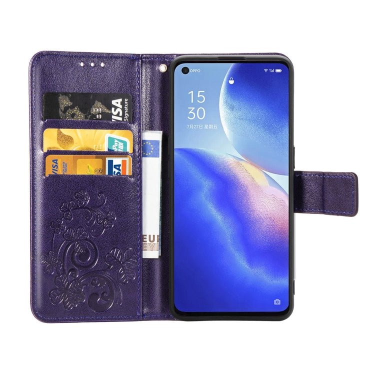 For OPPO Reno5 5G Four-leaf Clasp Embossed Buckle Leather Phone Case with Lanyard & Card Slot & Wallet & Holder