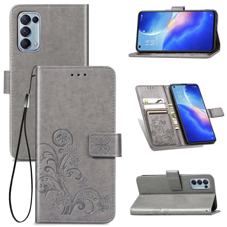 For OPPO Reno5 5G Four-leaf Clasp Embossed Buckle Leather Phone Case with Lanyard & Card Slot & Wallet & Holder