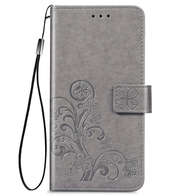For OPPO Reno5 5G Four-leaf Clasp Embossed Buckle Leather Phone Case with Lanyard & Card Slot & Wallet & Holder