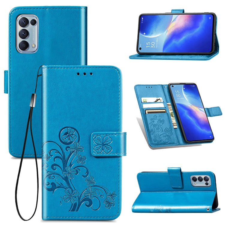 For OPPO Reno5 5G Four-leaf Clasp Embossed Buckle Leather Phone Case with Lanyard & Card Slot & Wallet & Holder