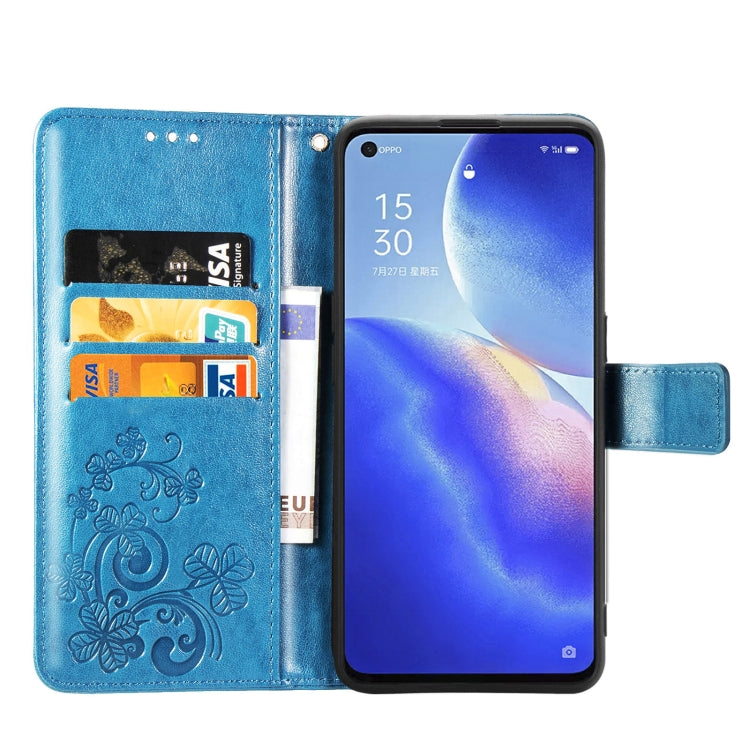 For OPPO Reno5 5G Four-leaf Clasp Embossed Buckle Leather Phone Case with Lanyard & Card Slot & Wallet & Holder