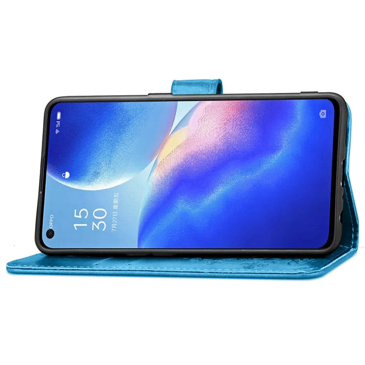 For OPPO Reno5 5G Four-leaf Clasp Embossed Buckle Leather Phone Case with Lanyard & Card Slot & Wallet & Holder