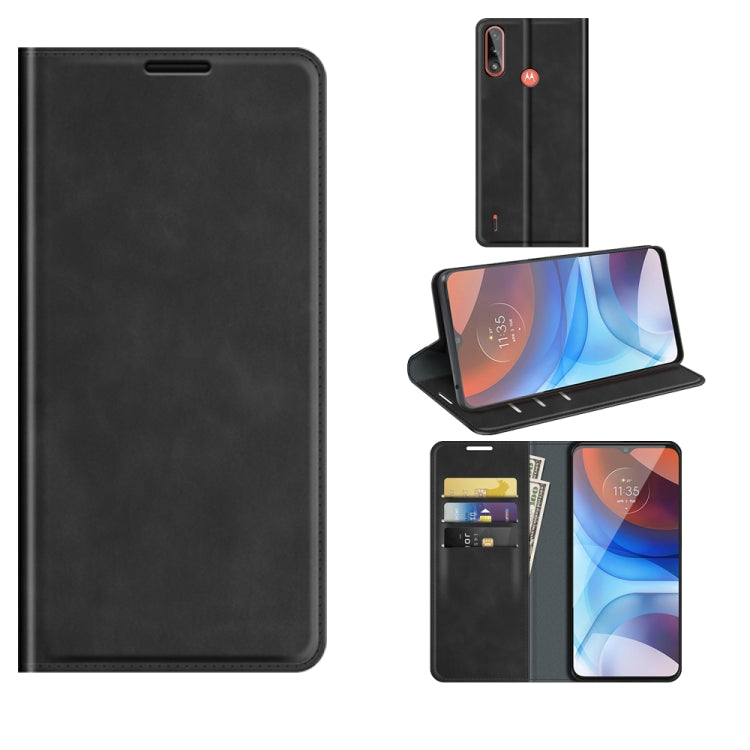 For Motorola Moto E7 Power Retro-skin Business Magnetic Suction Leather Case with Holder & Card Slots & Wallet