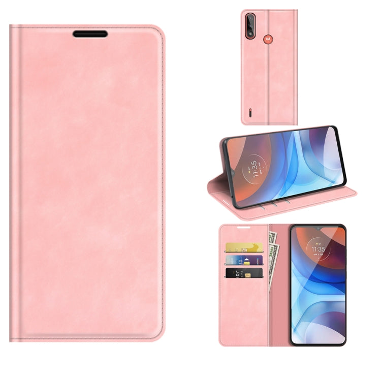 For Motorola Moto E7 Power Retro-skin Business Magnetic Suction Leather Case with Holder & Card Slots & Wallet