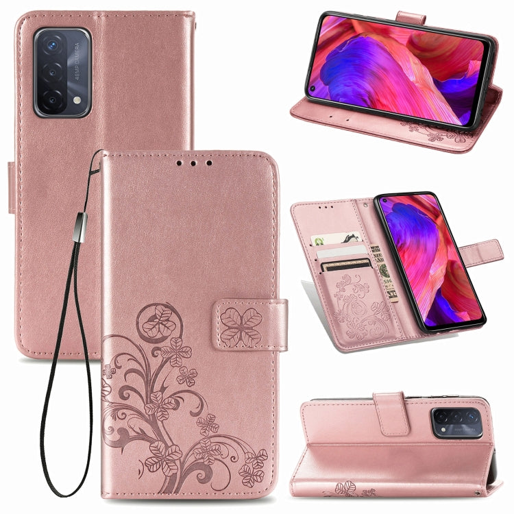For OPPO A93 5G Four-leaf Clasp Embossed Buckle Mobile Phone Protection Leather Case with Lanyard & Card Slot & Wallet & Bracket Function