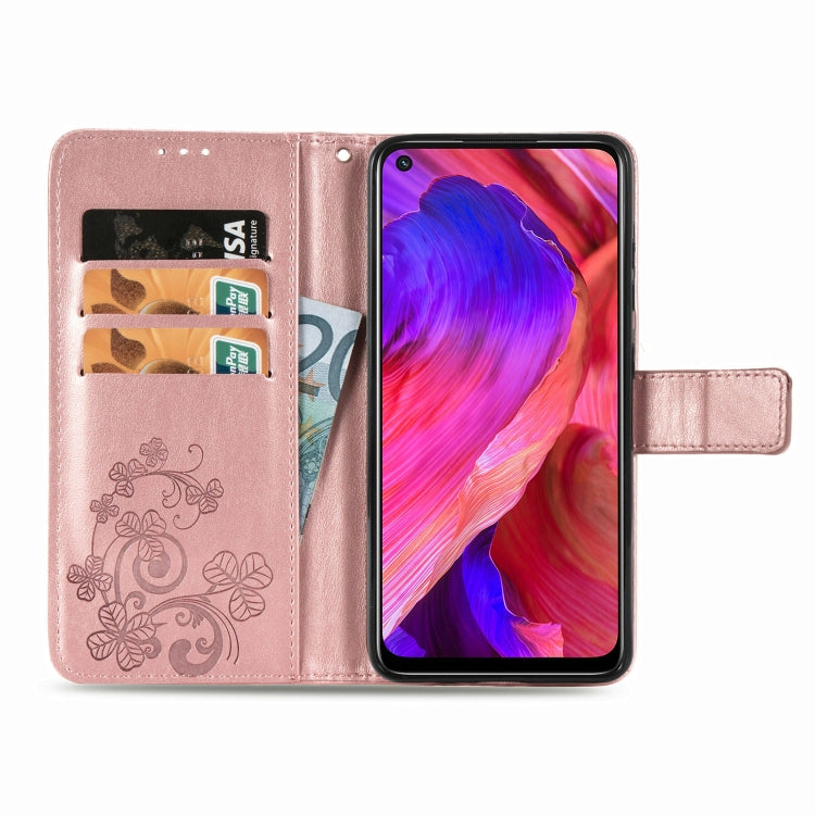 For OPPO A93 5G Four-leaf Clasp Embossed Buckle Mobile Phone Protection Leather Case with Lanyard & Card Slot & Wallet & Bracket Function