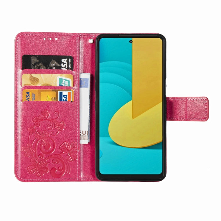 For LG Stylo 7 Four-leaf Clasp Embossed Buckle Mobile Phone Protection Leather Case with Lanyard & Card Slot & Wallet & Bracket Function