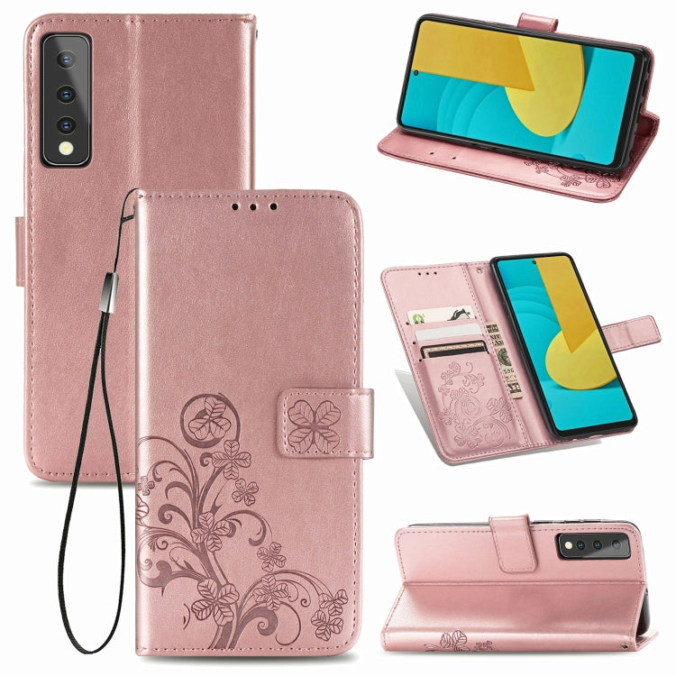 For LG Stylo 7 Four-leaf Clasp Embossed Buckle Mobile Phone Protection Leather Case with Lanyard & Card Slot & Wallet & Bracket Function