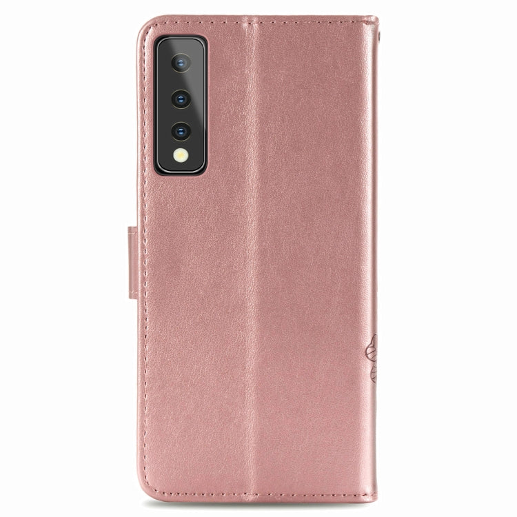 For LG Stylo 7 Four-leaf Clasp Embossed Buckle Mobile Phone Protection Leather Case with Lanyard & Card Slot & Wallet & Bracket Function