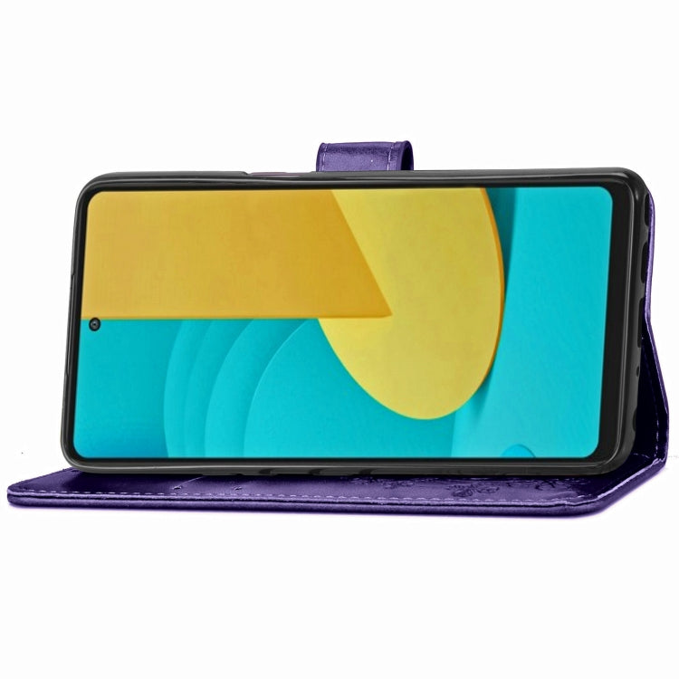 For LG Stylo 7 Four-leaf Clasp Embossed Buckle Mobile Phone Protection Leather Case with Lanyard & Card Slot & Wallet & Bracket Function