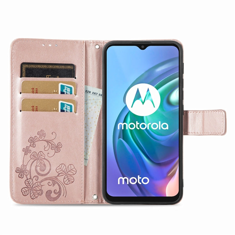 For Motorola Moto G10 Four-leaf Clasp Embossed Buckle Mobile Phone Protection Leather Case with Lanyard & Card Slot & Wallet & Bracket Function