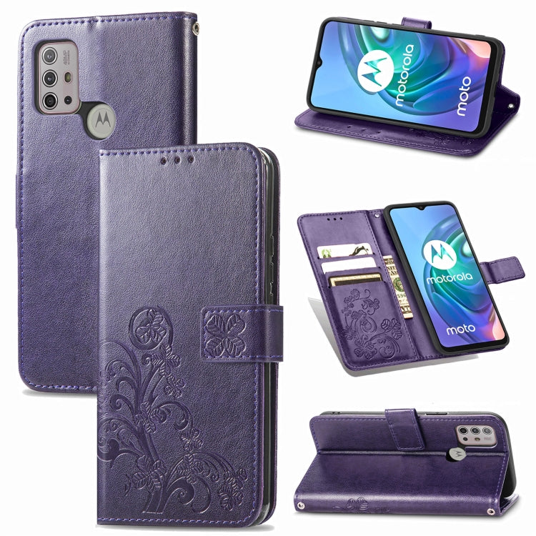 For Motorola Moto G10 Four-leaf Clasp Embossed Buckle Mobile Phone Protection Leather Case with Lanyard & Card Slot & Wallet & Bracket Function