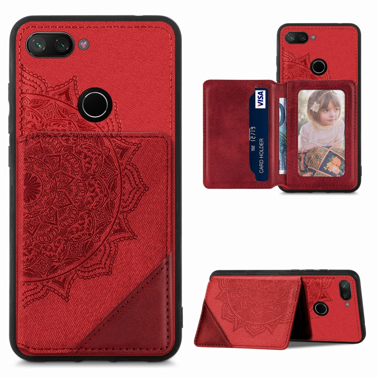 For Xiaomi Mi 8 Lite Mandala Embossed Magnetic Cloth PU+TPU+PC Case with Holder & Card Slots & Wallet & Photo Frame