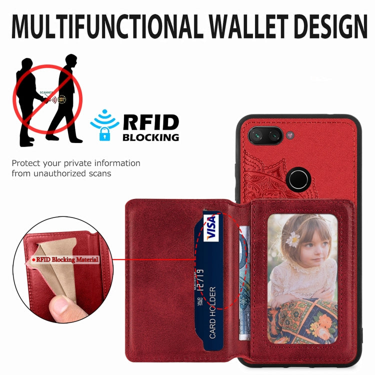 For Xiaomi Mi 8 Lite Mandala Embossed Magnetic Cloth PU+TPU+PC Case with Holder & Card Slots & Wallet & Photo Frame