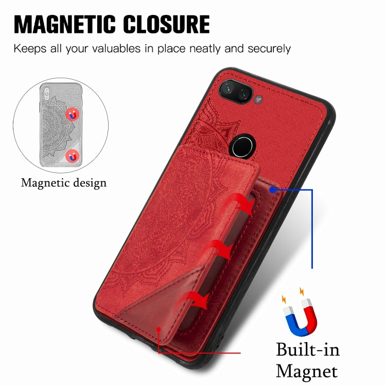 For Xiaomi Mi 8 Lite Mandala Embossed Magnetic Cloth PU+TPU+PC Case with Holder & Card Slots & Wallet & Photo Frame