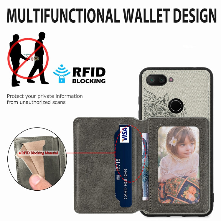 For Xiaomi Mi 8 Lite Mandala Embossed Magnetic Cloth PU+TPU+PC Case with Holder & Card Slots & Wallet & Photo Frame