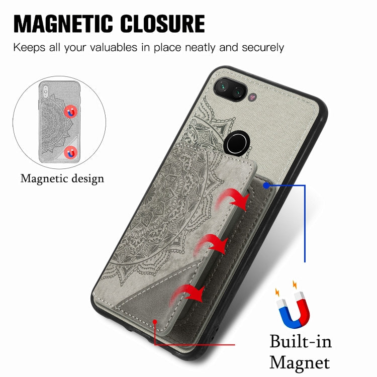 For Xiaomi Mi 8 Lite Mandala Embossed Magnetic Cloth PU+TPU+PC Case with Holder & Card Slots & Wallet & Photo Frame