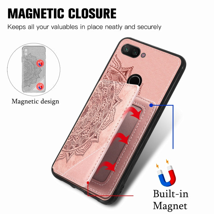 For Xiaomi Mi 8 Lite Mandala Embossed Magnetic Cloth PU+TPU+PC Case with Holder & Card Slots & Wallet & Photo Frame