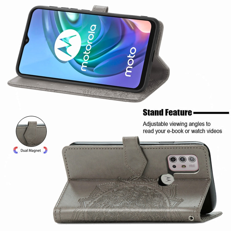 For Motorola Moto G30 / G10 Mandala Flower Embossed Horizontal Flip Leather Case with Bracket / Card Slot / Wallet / Lanyard