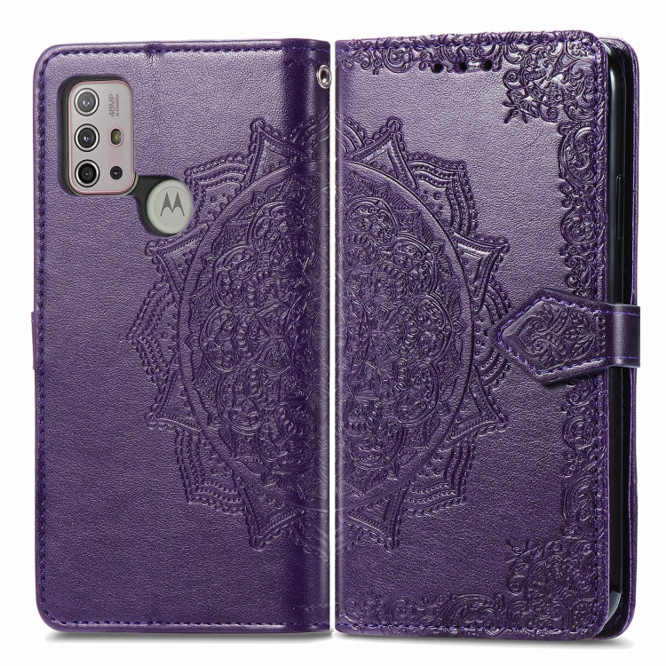 For Motorola Moto G30 / G10 Mandala Flower Embossed Horizontal Flip Leather Case with Bracket / Card Slot / Wallet / Lanyard