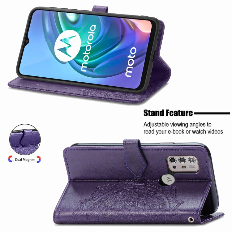 For Motorola Moto G30 / G10 Mandala Flower Embossed Horizontal Flip Leather Case with Bracket / Card Slot / Wallet / Lanyard