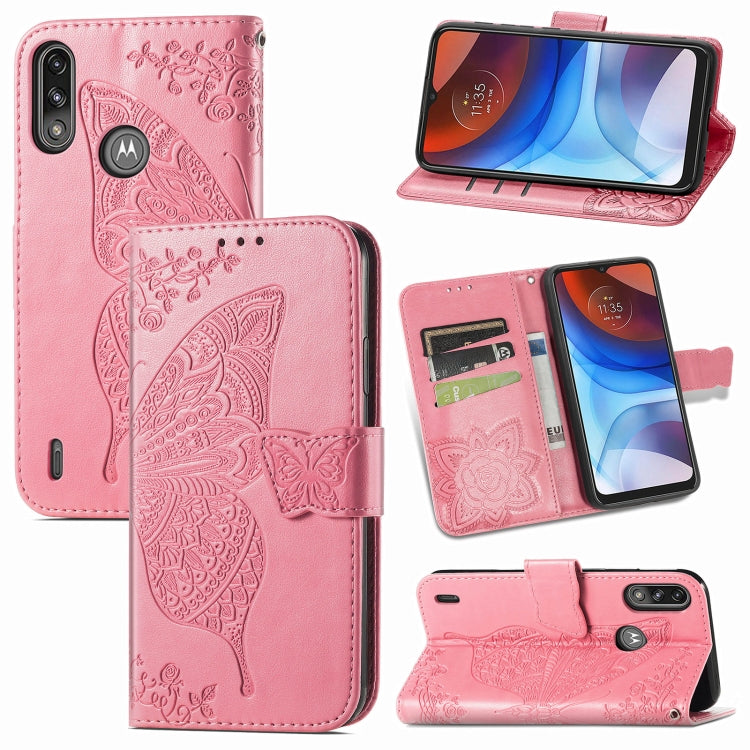 For Motorola Moto E7 Power Butterfly Love Flower Embossed Horizontal Flip Leather Case with Bracket & Card Slot & Wallet & Lanyard