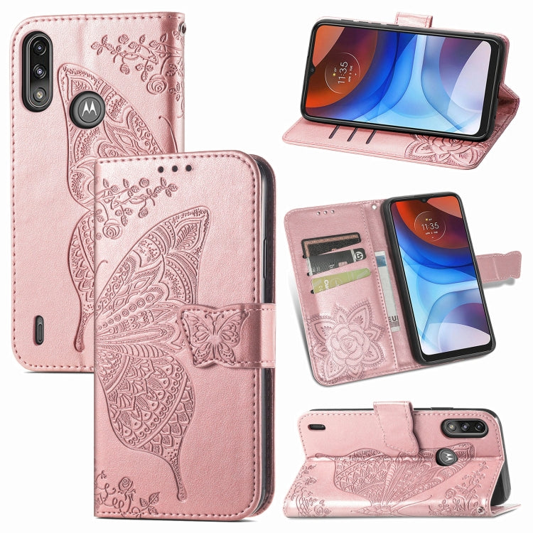 For Motorola Moto E7 Power Butterfly Love Flower Embossed Horizontal Flip Leather Case with Bracket & Card Slot & Wallet & Lanyard