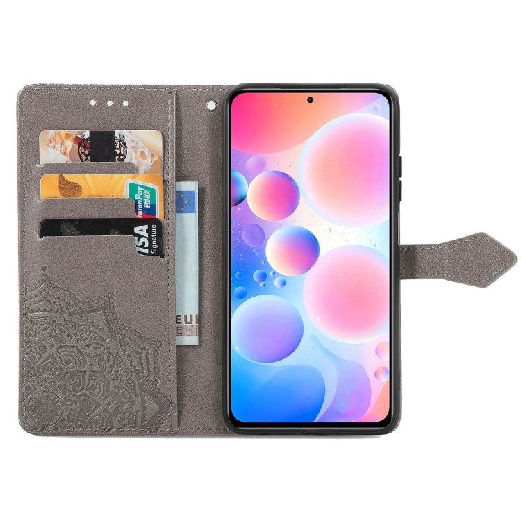 Halfway Mandala Embossing Pattern Horizontal Flip Leather Case with Holder & Card Slots & Wallet & Lanyard For Xiaomi Redmi Note 10 Pro