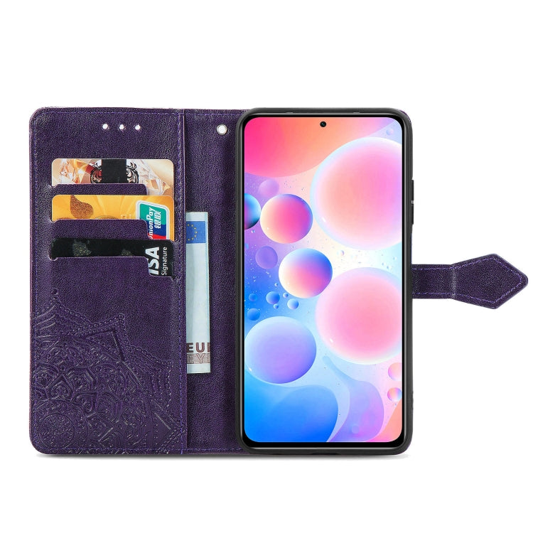 Halfway Mandala Embossing Pattern Horizontal Flip Leather Case with Holder & Card Slots & Wallet & Lanyard For Xiaomi Redmi Note 10 Pro