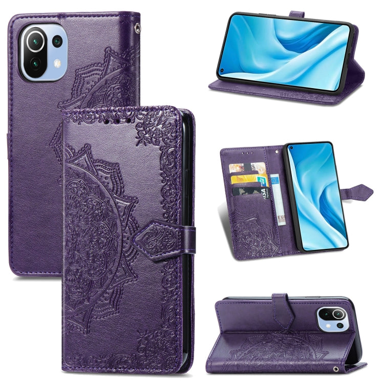 Halfway Mandala Embossing Pattern Horizontal Flip Leather Case with Holder & Card Slots & Wallet & Lanyard For Xiaomi 11 Lite