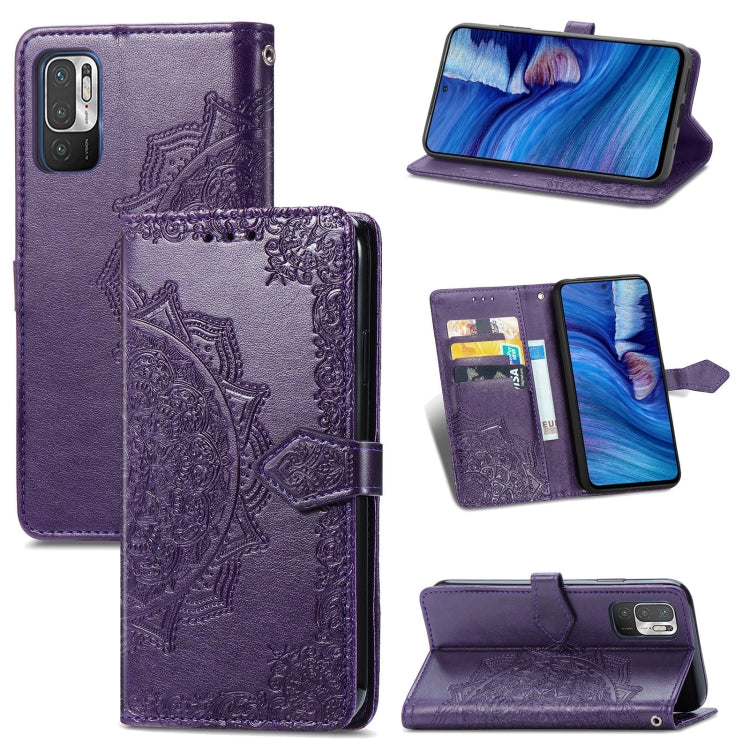 Halfway Mandala Embossing Pattern Horizontal Flip Leather Case with Holder & Card Slots & Wallet & Lanyard For Xiaomi Redmi Note 10 5G