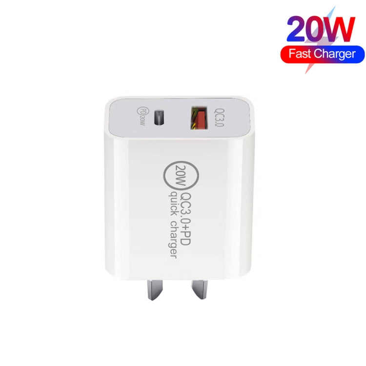 TCS-20WACA 20W PD Type-C + QC 3.0 USB Interface Fast Charging Travel Charger with USB-C / Type-C to Type-C Fast Charge Data Cable AU Plug