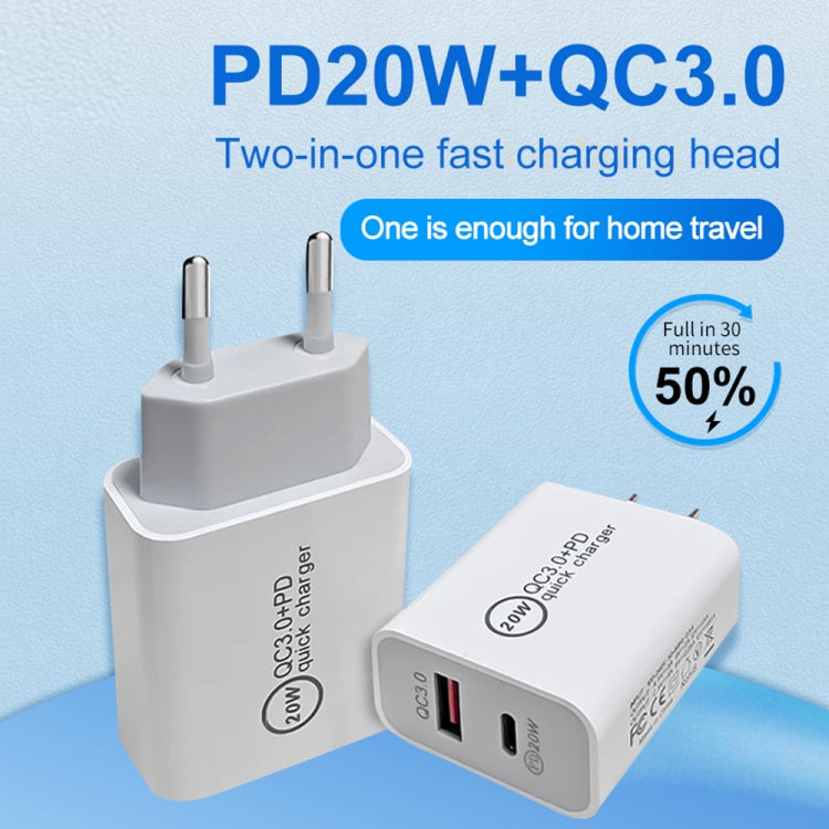 20W PD Type-C + QC 3.0 USB Interface Fast Charging Travel Charger with USB-C / Type-C to Type-C Fast Charge Data Cable EU Plug