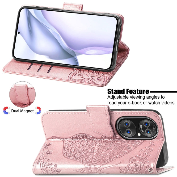 For Huawei P50 Pro Butterfly Love Flowers Embossed Horizontal Flip Leather Case with Holder & Card Slots & Wallet & Lanyard