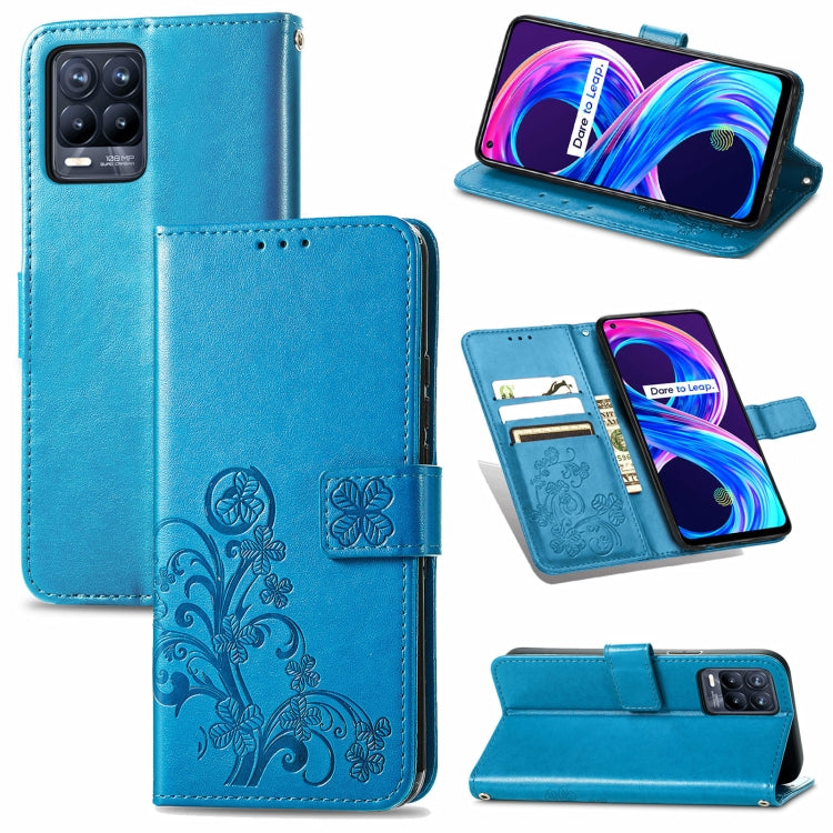 For OPPO Realme 8 5G / Realme V13 5G Four-leaf Clasp Embossed Buckle Mobile Phone Protection Leather Case with Lanyard & Card Slot & Wallet & Bracket Function