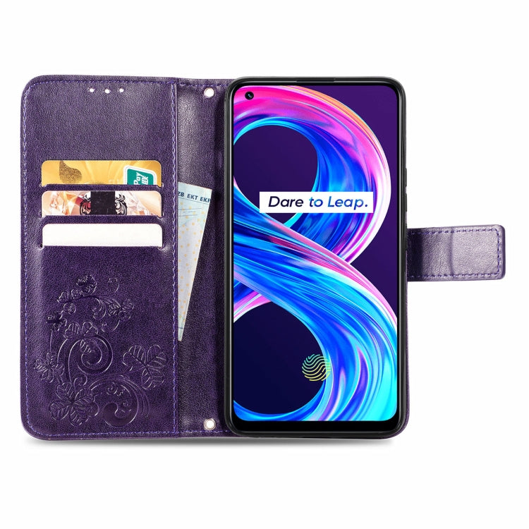 For OPPO Realme 8 5G / Realme V13 5G Four-leaf Clasp Embossed Buckle Mobile Phone Protection Leather Case with Lanyard & Card Slot & Wallet & Bracket Function