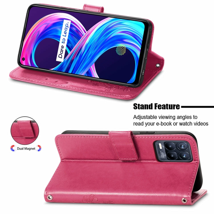 For OPPO Realme Q3 5G / Realme Q3i 5G Four-leaf Clasp Embossed Buckle Mobile Phone Protection Leather Case with Lanyard & Card Slot & Wallet & Bracket Function