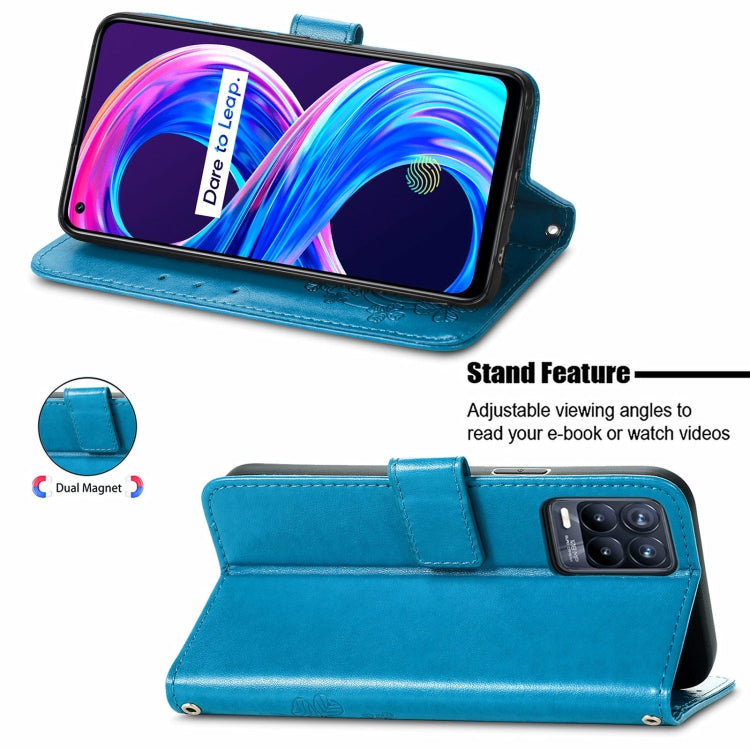 For OPPO Realme Q3 5G / Realme Q3i 5G Four-leaf Clasp Embossed Buckle Mobile Phone Protection Leather Case with Lanyard & Card Slot & Wallet & Bracket Function