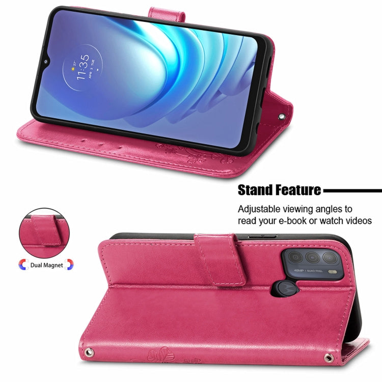 For Motorola Moto G50 Four-leaf Clasp Embossed Buckle Mobile Phone Protection Leather Case with Lanyard & Card Slot & Wallet & Bracket Function