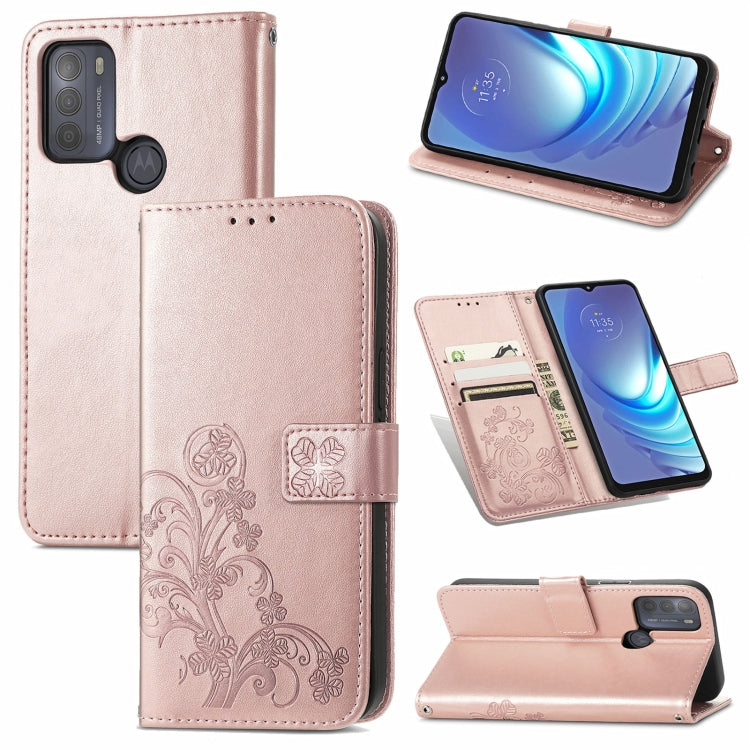 For Motorola Moto G50 Four-leaf Clasp Embossed Buckle Mobile Phone Protection Leather Case with Lanyard & Card Slot & Wallet & Bracket Function