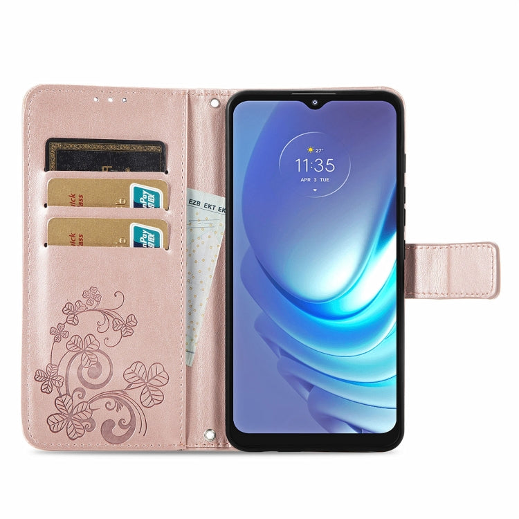 For Motorola Moto G50 Four-leaf Clasp Embossed Buckle Mobile Phone Protection Leather Case with Lanyard & Card Slot & Wallet & Bracket Function
