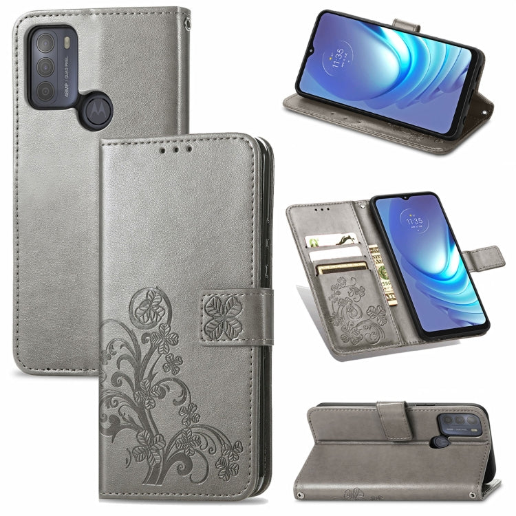 For Motorola Moto G50 Four-leaf Clasp Embossed Buckle Mobile Phone Protection Leather Case with Lanyard & Card Slot & Wallet & Bracket Function