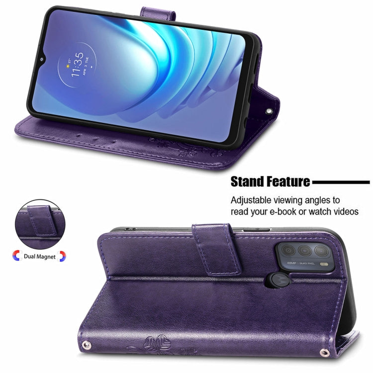 For Motorola Moto G50 Four-leaf Clasp Embossed Buckle Mobile Phone Protection Leather Case with Lanyard & Card Slot & Wallet & Bracket Function