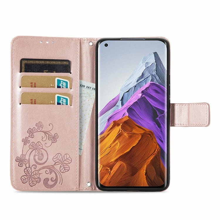 For Xiaomi Mi 11 Pro Four-leaf Clasp Embossed Buckle Mobile Phone Protection Leather Case with Lanyard & Card Slot & Wallet & Bracket Function