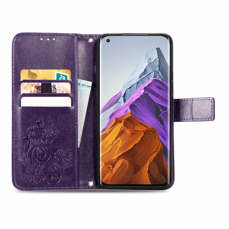 For Xiaomi Mi 11 Pro Four-leaf Clasp Embossed Buckle Mobile Phone Protection Leather Case with Lanyard & Card Slot & Wallet & Bracket Function